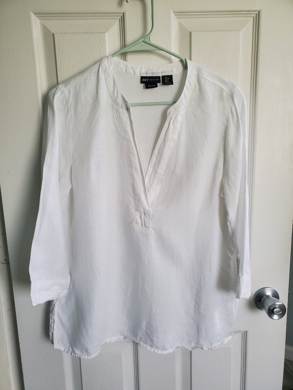 JNY Blouse 100% Linen Women Sz S Oversized White Lagenlook Jones New York